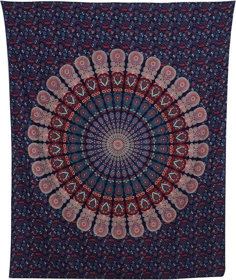 Bless International, Indian Wall Hanging Psychedelic Hippie Bohemian Peacock Mandala Tapestry Bed Sheet Gold Pink Blue King 225x265cm