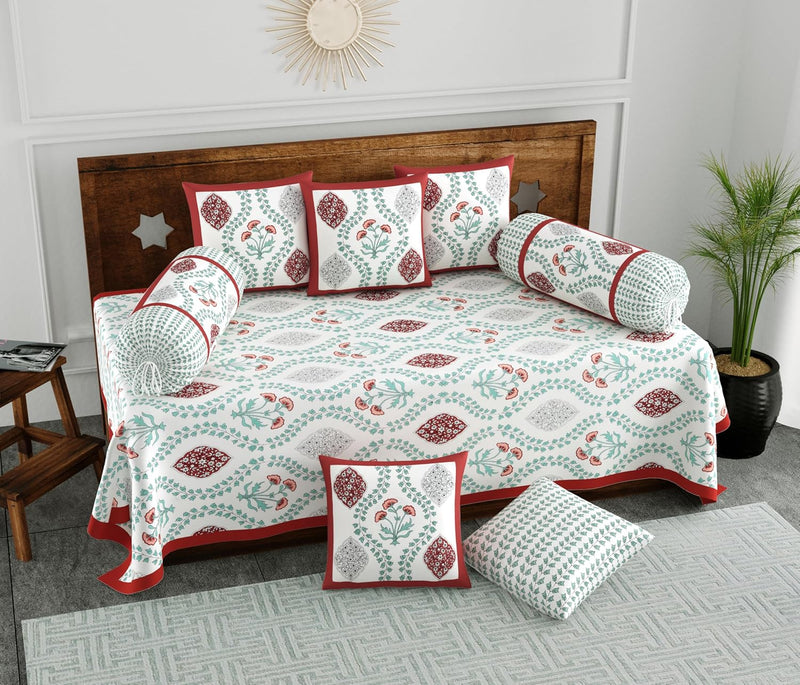 BLOCKS OF INDIA 200TC Diwan Set Cotton 8 Piece | Deewan Printed Bedsheet Sets for Living Room Hall (Set of 8 Piece, 1-Bed Sheet | 2-Bolster Cover | 5-Cushion Cover (Color 25)