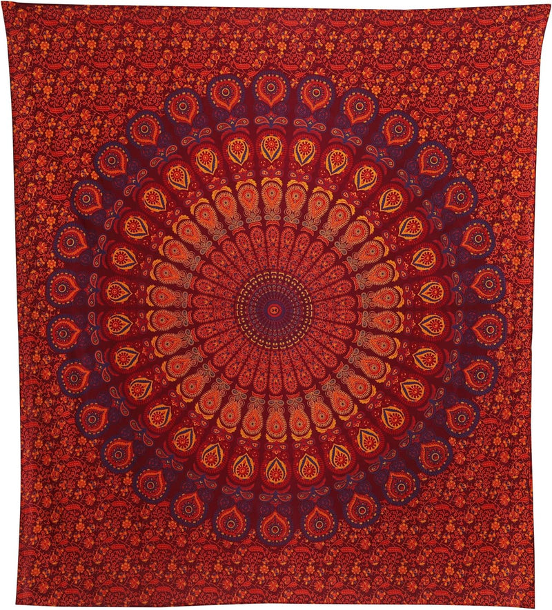 Bless International, Indian Wall Hanging Psychedelic Hippie Bohemian Peacock Mandala Tapestry Bed Sheet Gold Pink Blue King 225x265cm