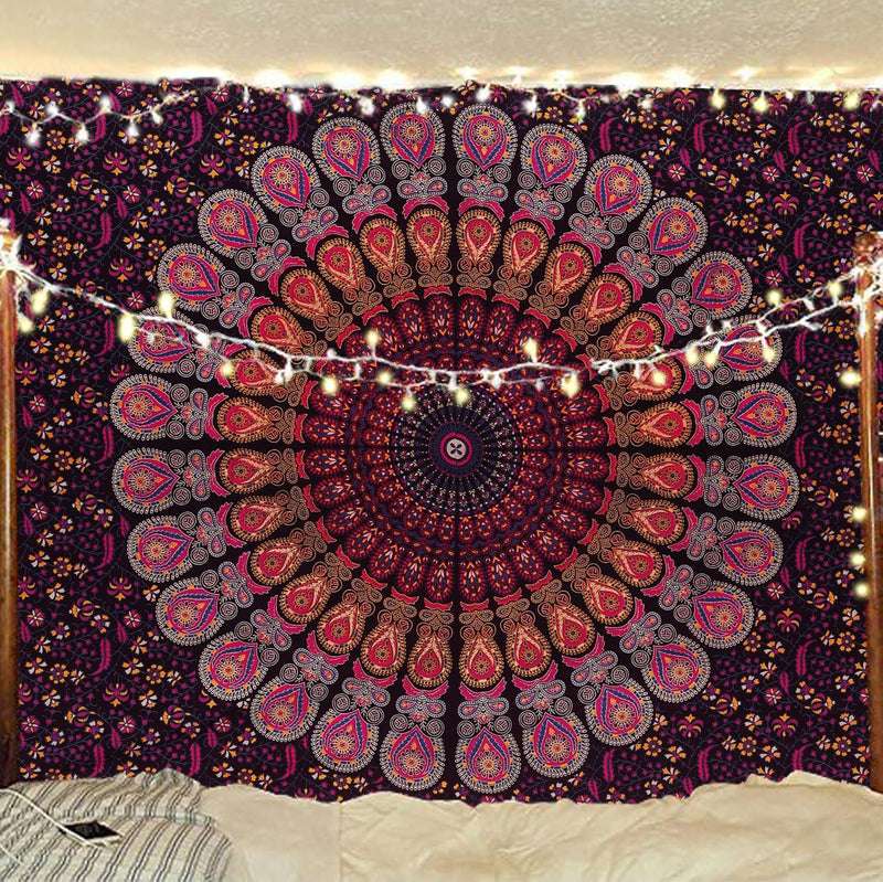 Bless International, Indian Wall Hanging Psychedelic Hippie Bohemian Peacock Mandala Tapestry Bed Sheet Gold Pink Blue King 225x265cm