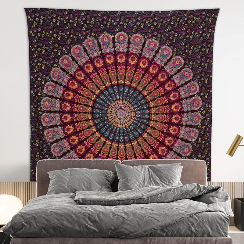 Bless International, Indian Wall Hanging Psychedelic Hippie Bohemian Peacock Mandala Tapestry Bed Sheet Gold Pink Blue King 225x265cm