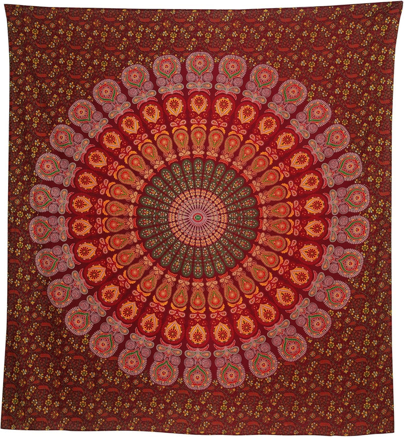 Bless International, Indian Wall Hanging Psychedelic Hippie Bohemian Peacock Mandala Tapestry Bed Sheet Gold Pink Blue King 225x265cm