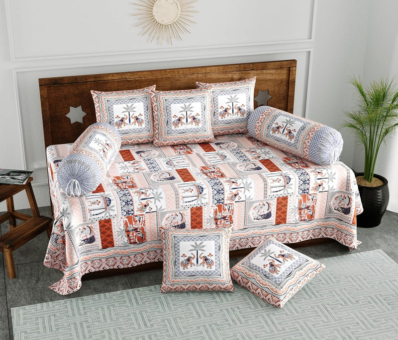 BLOCKS OF INDIA 200TC Diwan Set Cotton 8 Piece | Deewan Printed Bedsheet Sets for Living Room Hall (Set of 8 Piece, 1-Bed Sheet | 2-Bolster Cover | 5-Cushion Cover (Color 25)