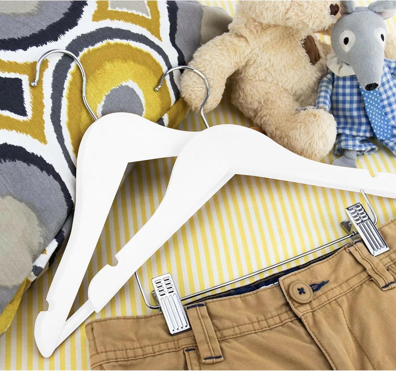 High-Grade Wooden Childrens/Kids Hangers with Clips (10 Pack) Smooth & Durable Wood Baby Hangers/Nursery Hangers 360° Hook & Cut Notches- Great Toddler Hanger for Dress Skirts Pants (WHITE, 10 PACK)