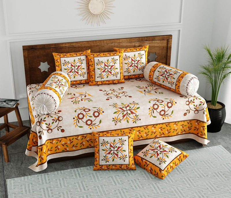 BLOCKS OF INDIA 200TC Diwan Set Cotton 8 Piece | Deewan Printed Bedsheet Sets for Living Room Hall (Set of 8 Piece, 1-Bed Sheet | 2-Bolster Cover | 5-Cushion Cover (Color 25)