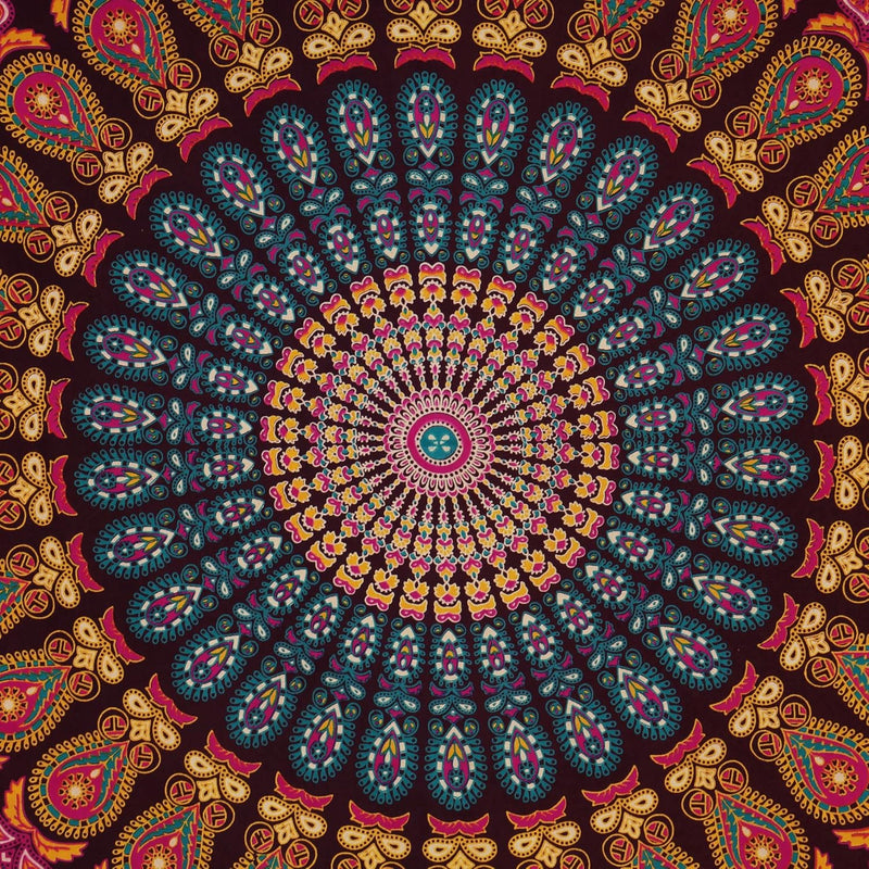 Bless International, Indian Wall Hanging Psychedelic Hippie Bohemian Peacock Mandala Tapestry Bed Sheet Gold Pink Blue King 225x265cm