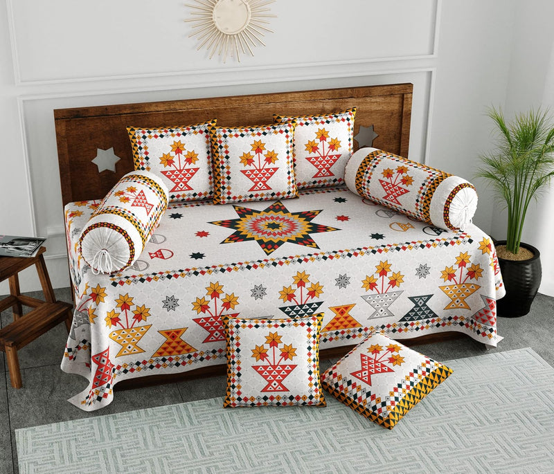 BLOCKS OF INDIA 200TC Diwan Set Cotton 8 Piece | Deewan Printed Bedsheet Sets for Living Room Hall (Set of 8 Piece, 1-Bed Sheet | 2-Bolster Cover | 5-Cushion Cover (Color 25)