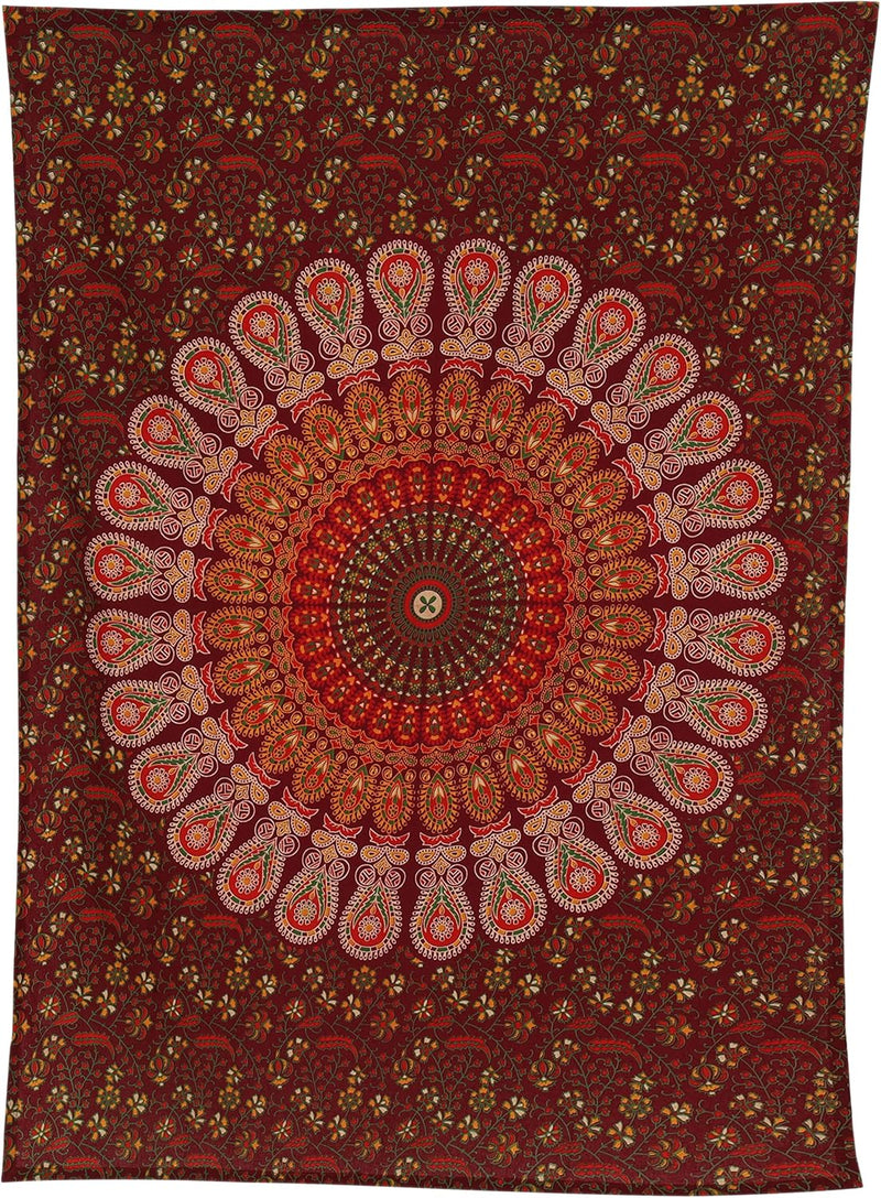 Bless International, Indian Wall Hanging Psychedelic Hippie Bohemian Peacock Mandala Tapestry Bed Sheet Gold Pink Blue King 225x265cm
