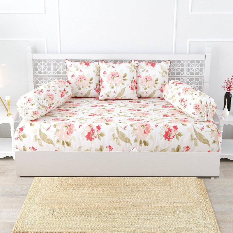 Trance Home Linen 100% Cotton Thick Printed Diwan Set | Deewan Bedsheet Set for Living Room(Set of 6 Pc, 1-Bed Sheet 54x88 Inch | 2-Bolster Cover 16x32 Inch | 3-Cushion Cover 16x16 Inch)-Tashi Pink