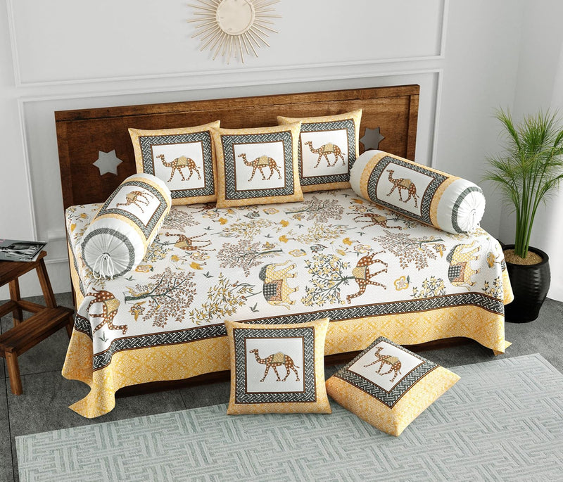 BLOCKS OF INDIA 200TC Diwan Set Cotton 8 Piece | Deewan Printed Bedsheet Sets for Living Room Hall (Set of 8 Piece, 1-Bed Sheet | 2-Bolster Cover | 5-Cushion Cover (Color 25)