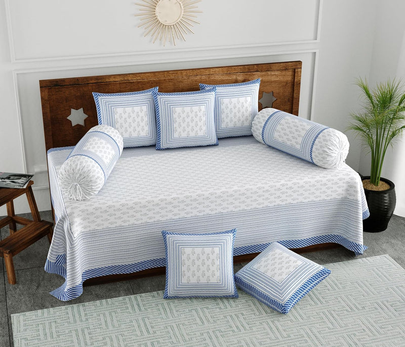 BLOCKS OF INDIA 200TC Diwan Set Cotton 8 Piece | Deewan Printed Bedsheet Sets for Living Room Hall (Set of 8 Piece, 1-Bed Sheet | 2-Bolster Cover | 5-Cushion Cover (Color 25)
