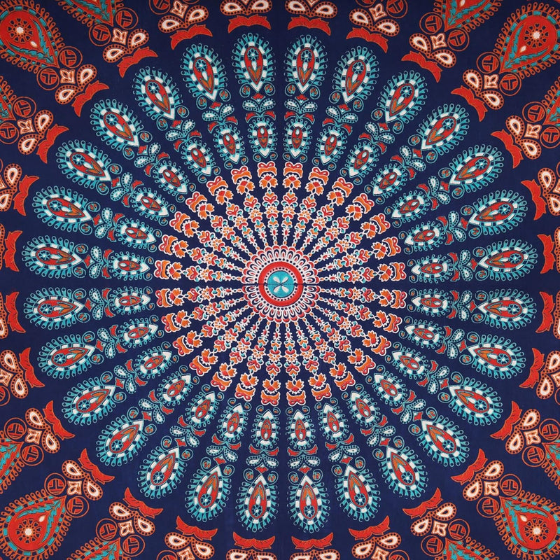Bless International, Indian Wall Hanging Psychedelic Hippie Bohemian Peacock Mandala Tapestry Bed Sheet Gold Pink Blue King 225x265cm