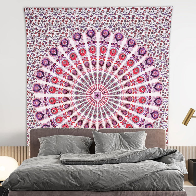 Bless International, Indian Wall Hanging Psychedelic Hippie Bohemian Peacock Mandala Tapestry Bed Sheet Gold Pink Blue King 225x265cm