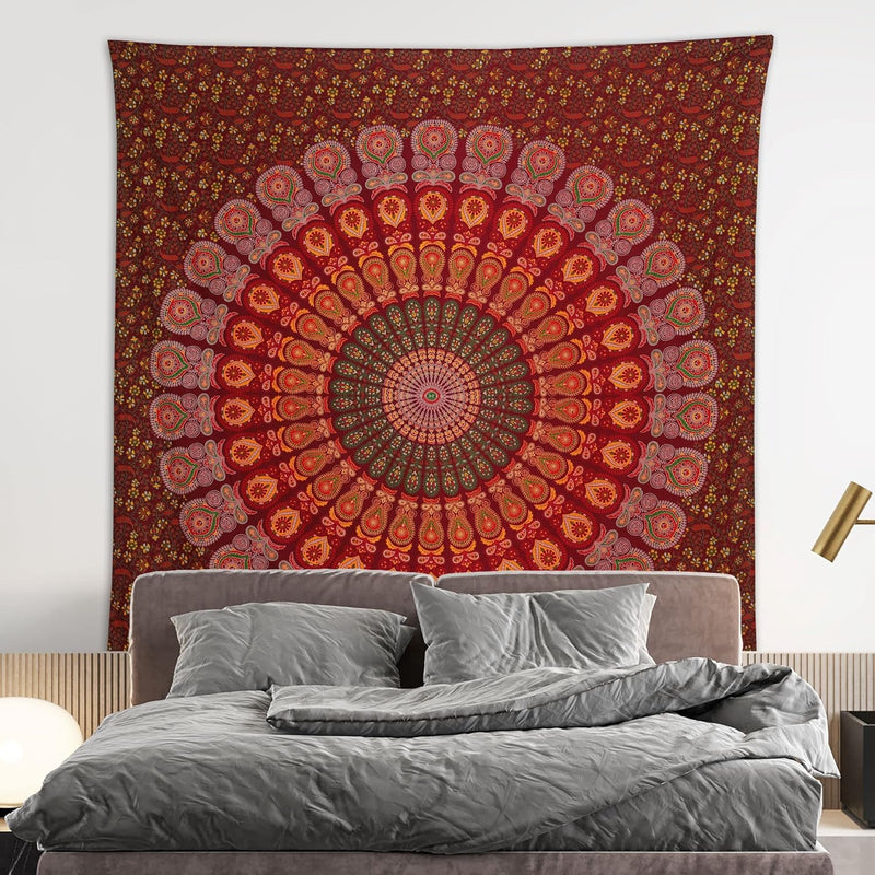 Bless International, Indian Wall Hanging Psychedelic Hippie Bohemian Peacock Mandala Tapestry Bed Sheet Gold Pink Blue King 225x265cm