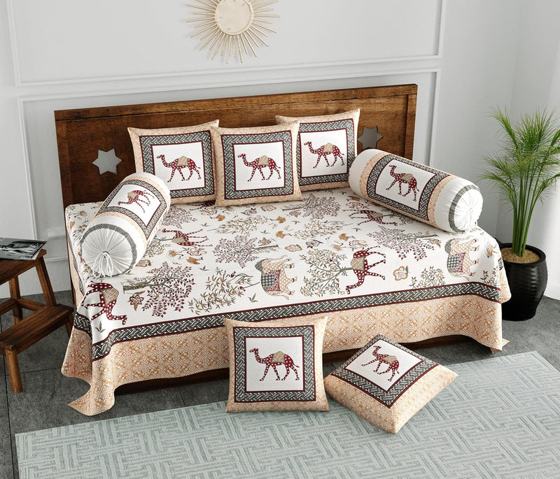 BLOCKS OF INDIA 200TC Diwan Set Cotton 8 Piece | Deewan Printed Bedsheet Sets for Living Room Hall (Set of 8 Piece, 1-Bed Sheet | 2-Bolster Cover | 5-Cushion Cover (Color 25)