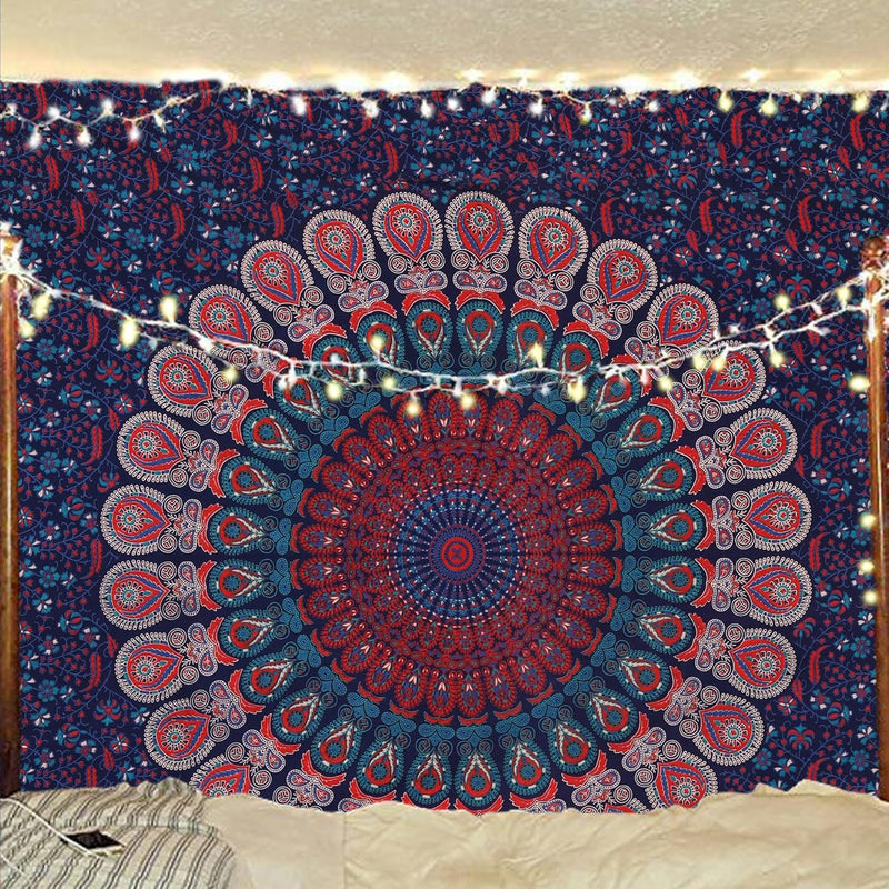 Bless International, Indian Wall Hanging Psychedelic Hippie Bohemian Peacock Mandala Tapestry Bed Sheet Gold Pink Blue King 225x265cm