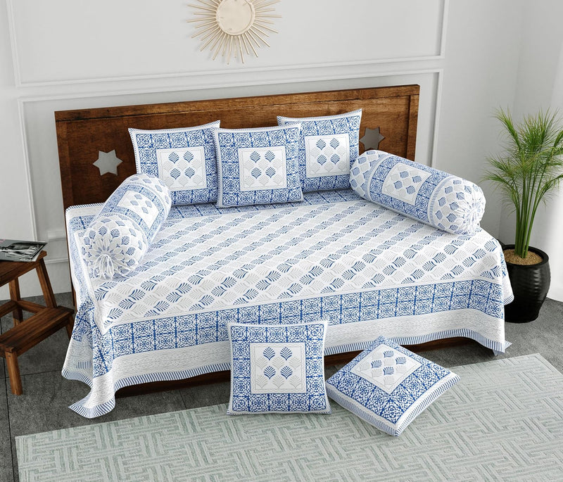 BLOCKS OF INDIA 200TC Diwan Set Cotton 8 Piece | Deewan Printed Bedsheet Sets for Living Room Hall (Set of 8 Piece, 1-Bed Sheet | 2-Bolster Cover | 5-Cushion Cover (Color 25)