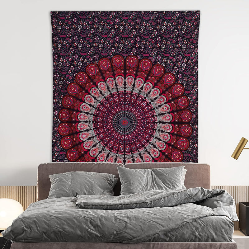 Bless International, Indian Wall Hanging Psychedelic Hippie Bohemian Peacock Mandala Tapestry Bed Sheet Gold Pink Blue King 225x265cm
