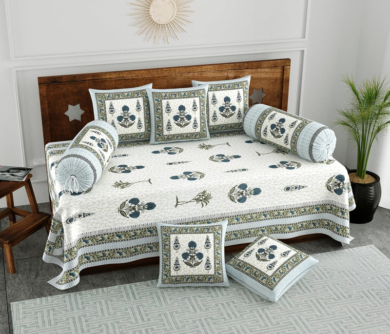 BLOCKS OF INDIA 200TC Diwan Set Cotton 8 Piece | Deewan Printed Bedsheet Sets for Living Room Hall (Set of 8 Piece, 1-Bed Sheet | 2-Bolster Cover | 5-Cushion Cover (Color 25)