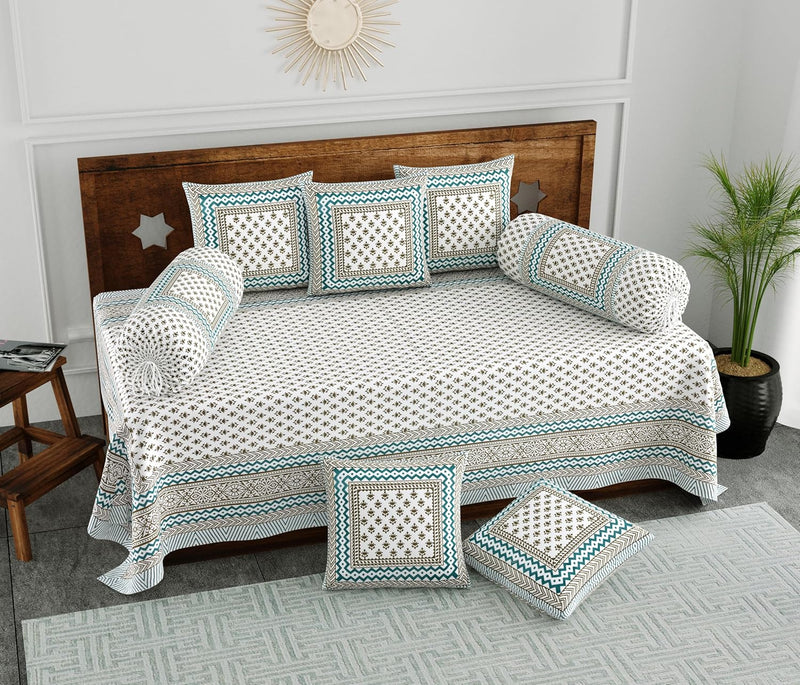 BLOCKS OF INDIA 200TC Diwan Set Cotton 8 Piece | Deewan Printed Bedsheet Sets for Living Room Hall (Set of 8 Piece, 1-Bed Sheet | 2-Bolster Cover | 5-Cushion Cover (Color 25)