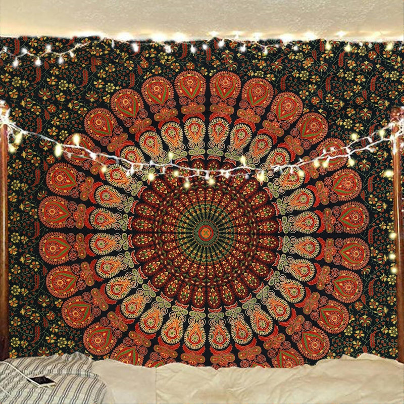 Bless International, Indian Wall Hanging Psychedelic Hippie Bohemian Peacock Mandala Tapestry Bed Sheet Gold Pink Blue King 225x265cm