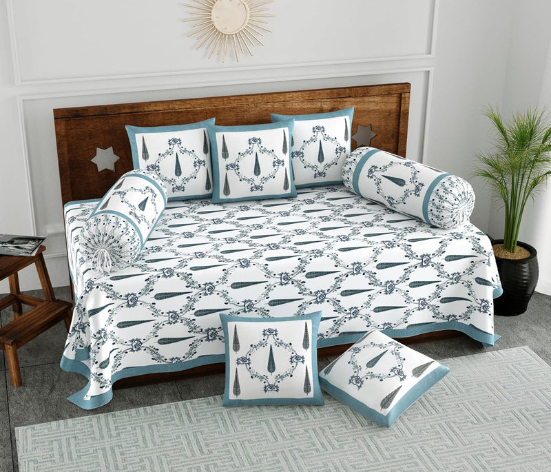 BLOCKS OF INDIA 200TC Diwan Set Cotton 8 Piece | Deewan Printed Bedsheet Sets for Living Room Hall (Set of 8 Piece, 1-Bed Sheet | 2-Bolster Cover | 5-Cushion Cover (Color 25)