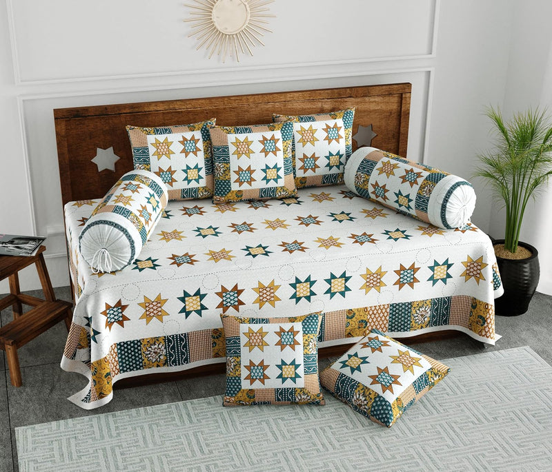 BLOCKS OF INDIA 200TC Diwan Set Cotton 8 Piece | Deewan Printed Bedsheet Sets for Living Room Hall (Set of 8 Piece, 1-Bed Sheet | 2-Bolster Cover | 5-Cushion Cover (Color 25)