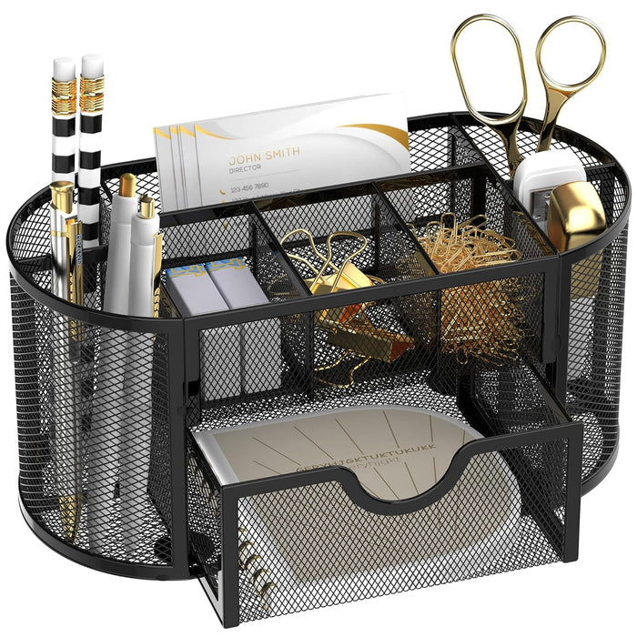 KASTWAVE Mesh Desk Organizer, Desk Organizer Stationery Storage, Pencil Holder for Desk with 9 Compartments and Mini Drawer, Wire Mesh Office Supplies Desk Accessories & Workspace Organizers (Black)