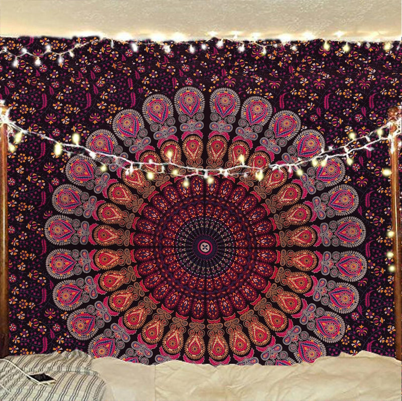 Bless International, Indian Wall Hanging Psychedelic Hippie Bohemian Peacock Mandala Tapestry Bed Sheet Gold Pink Blue King 225x265cm