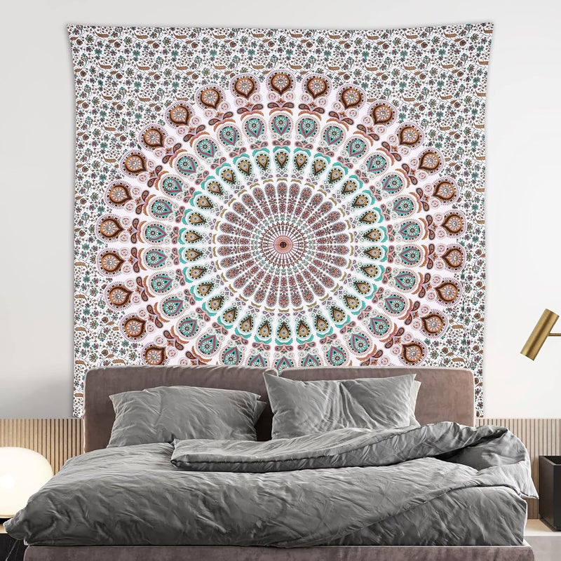 Bless International, Indian Wall Hanging Psychedelic Hippie Bohemian Peacock Mandala Tapestry Bed Sheet Gold Pink Blue King 225x265cm