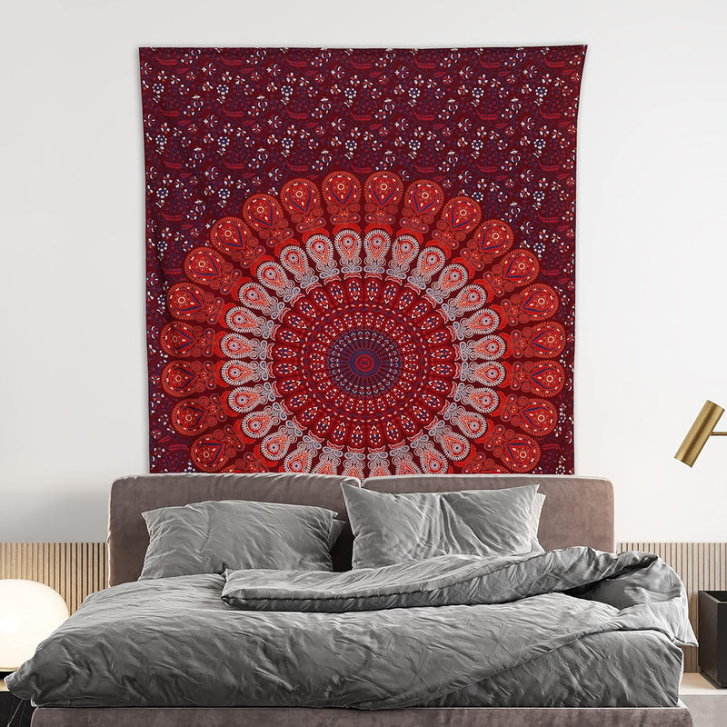 Bless International, Indian Wall Hanging Psychedelic Hippie Bohemian Peacock Mandala Tapestry Bed Sheet Gold Pink Blue King 225x265cm
