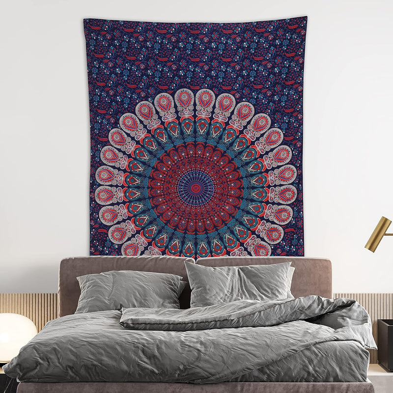 Bless International, Indian Wall Hanging Psychedelic Hippie Bohemian Peacock Mandala Tapestry Bed Sheet Gold Pink Blue King 225x265cm