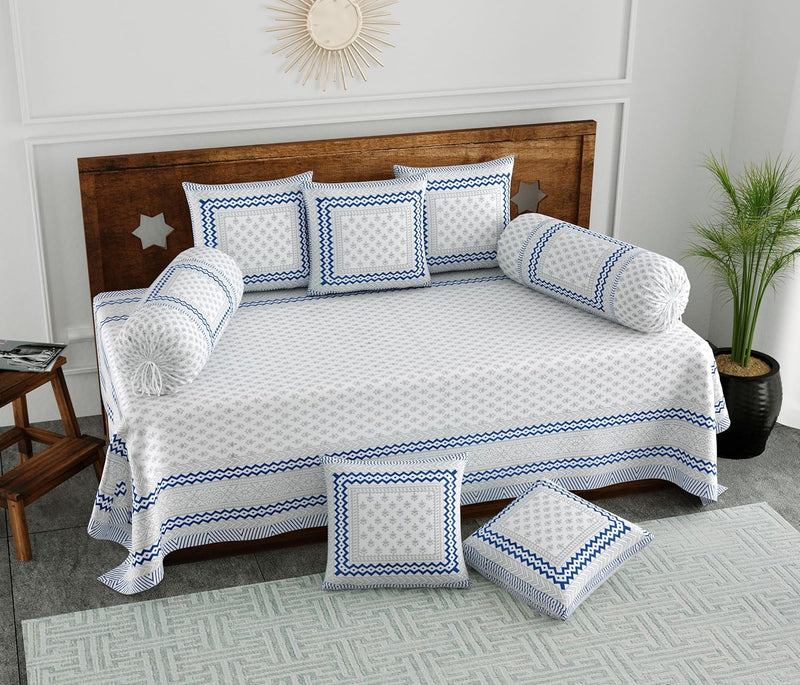 BLOCKS OF INDIA 200TC Diwan Set Cotton 8 Piece | Deewan Printed Bedsheet Sets for Living Room Hall (Set of 8 Piece, 1-Bed Sheet | 2-Bolster Cover | 5-Cushion Cover (Color 25)