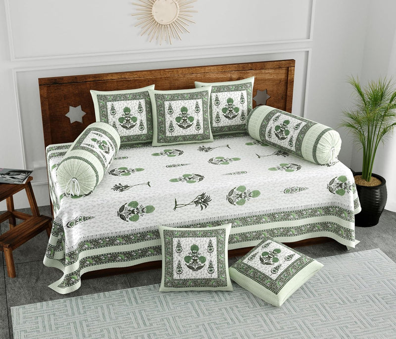 BLOCKS OF INDIA 200TC Diwan Set Cotton 8 Piece | Deewan Printed Bedsheet Sets for Living Room Hall (Set of 8 Piece, 1-Bed Sheet | 2-Bolster Cover | 5-Cushion Cover (Color 25)