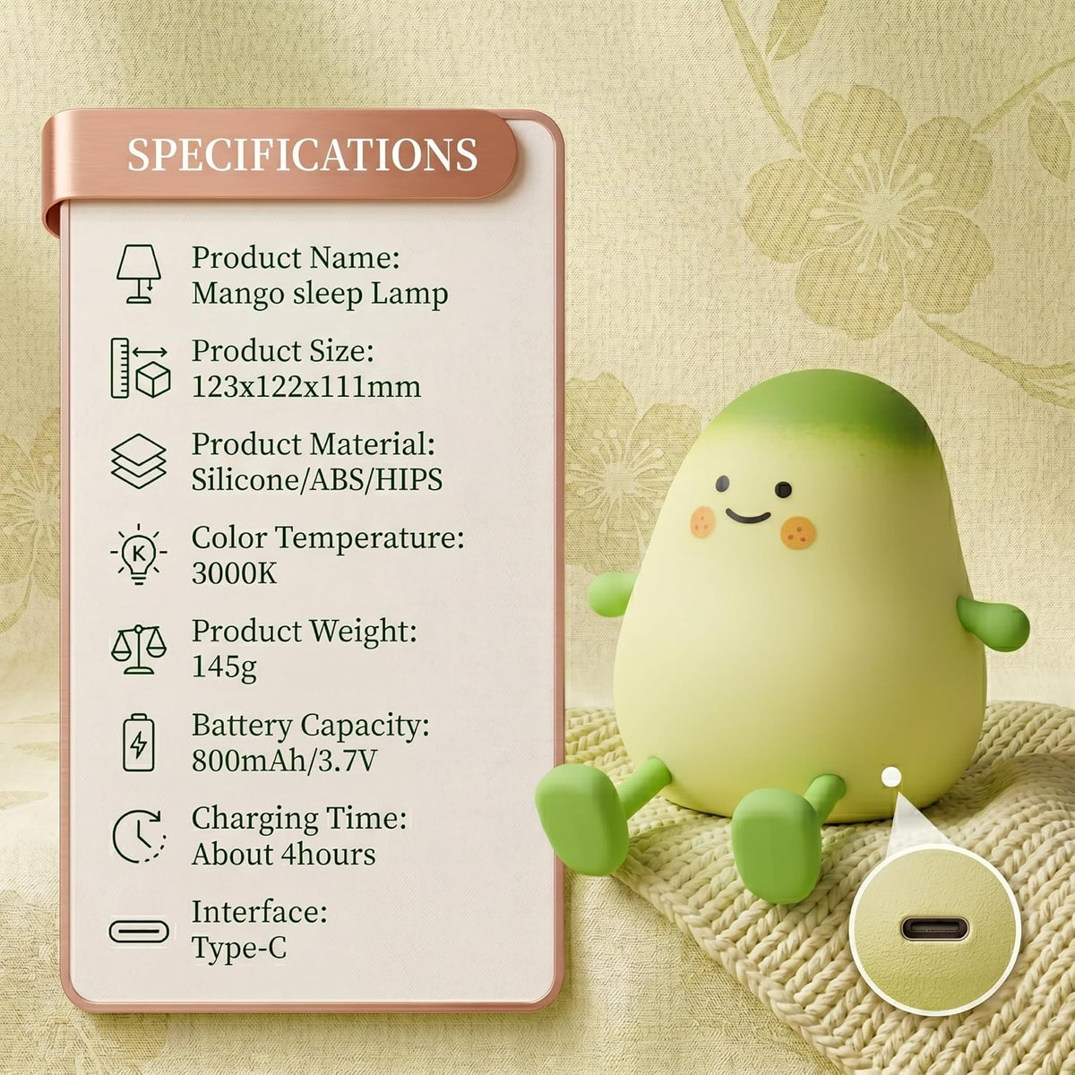 Mango Silicone Night Light for Kids JXJA038 Cute Squishy LED Touch Control Sleep Lamp, Dimmable Warm Glow Nursery Light, Rechargeable Type-C with Auto-Off Timer, Bedside Baby Room Gift – image 7