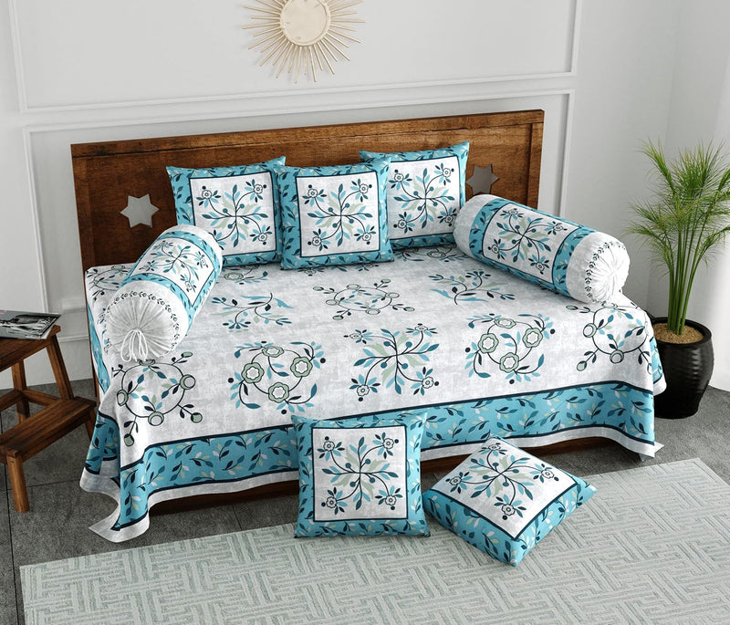 BLOCKS OF INDIA 200TC Diwan Set Cotton 8 Piece | Deewan Printed Bedsheet Sets for Living Room Hall (Set of 8 Piece, 1-Bed Sheet | 2-Bolster Cover | 5-Cushion Cover (Color 25)