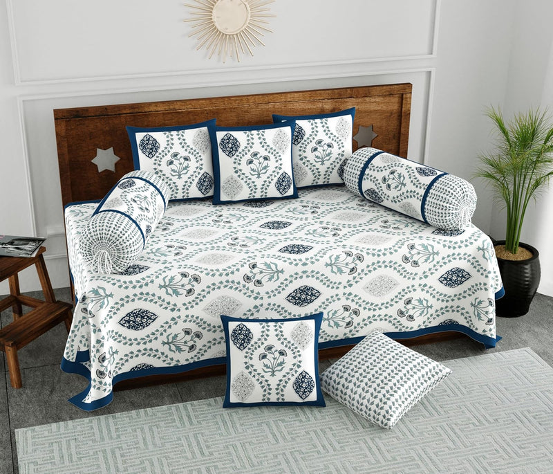 BLOCKS OF INDIA 200TC Diwan Set Cotton 8 Piece | Deewan Printed Bedsheet Sets for Living Room Hall (Set of 8 Piece, 1-Bed Sheet | 2-Bolster Cover | 5-Cushion Cover (Color 25)