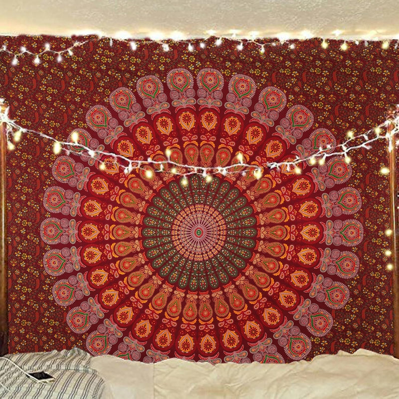 Bless International, Indian Wall Hanging Psychedelic Hippie Bohemian Peacock Mandala Tapestry Bed Sheet Gold Pink Blue King 225x265cm
