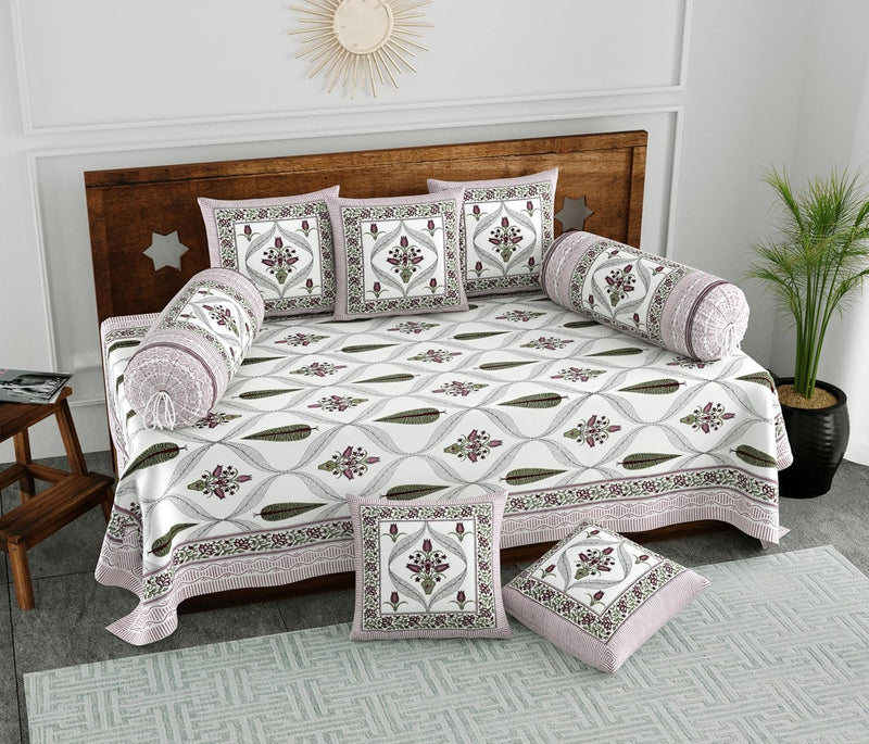 BLOCKS OF INDIA 200TC Diwan Set Cotton 8 Piece | Deewan Printed Bedsheet Sets for Living Room Hall (Set of 8 Piece, 1-Bed Sheet | 2-Bolster Cover | 5-Cushion Cover (Color 25)