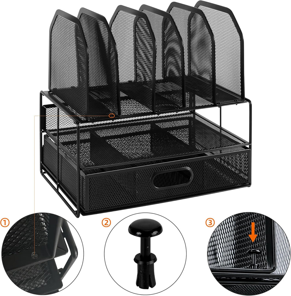 Amazon Basics Mesh Desk Organiser with Sliding Drawer, Double Tray and 5 Upright Sections, Black