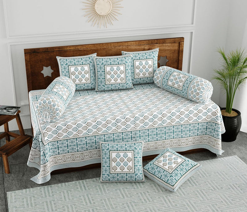 BLOCKS OF INDIA 200TC Diwan Set Cotton 8 Piece | Deewan Printed Bedsheet Sets for Living Room Hall (Set of 8 Piece, 1-Bed Sheet | 2-Bolster Cover | 5-Cushion Cover (Color 25)