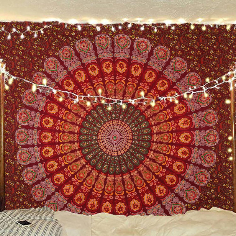 Bless International, Indian Wall Hanging Psychedelic Hippie Bohemian Peacock Mandala Tapestry Bed Sheet Gold Pink Blue King 225x265cm