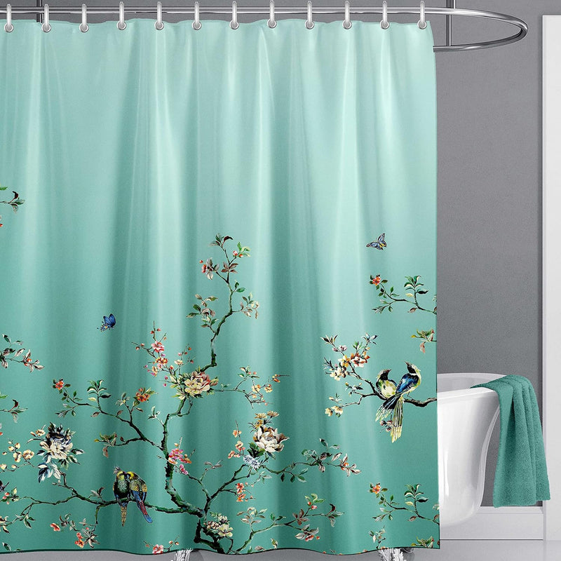LIVETTY Ombre Green Floral Shower Curtain Birds 72x78 inches with 12 Hooks Mint Light Green Shower Curtain Turquoise Teal Butterfly Fabric Bathroom Curtain Washable Quick-Drying