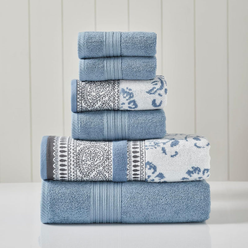 Modern Threads 6 Piece Set, 2 Bath Towels, 2 Hand Towels, 2 Washcloths Yarn Dyed Jacquard/Solid Towel Set Ophelia Blue