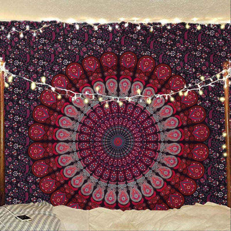 Bless International, Indian Wall Hanging Psychedelic Hippie Bohemian Peacock Mandala Tapestry Bed Sheet Gold Pink Blue King 225x265cm