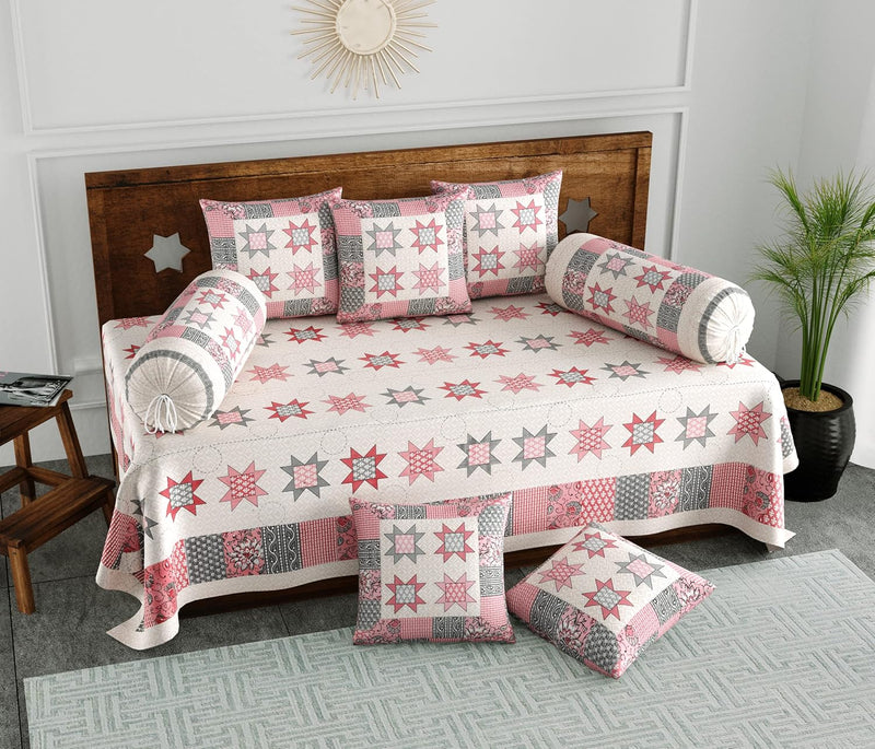 BLOCKS OF INDIA 200TC Diwan Set Cotton 8 Piece | Deewan Printed Bedsheet Sets for Living Room Hall (Set of 8 Piece, 1-Bed Sheet | 2-Bolster Cover | 5-Cushion Cover (Color 25)