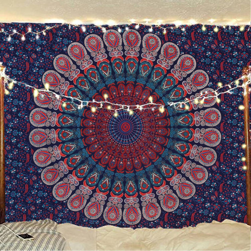 Bless International, Indian Wall Hanging Psychedelic Hippie Bohemian Peacock Mandala Tapestry Bed Sheet Gold Pink Blue King 225x265cm