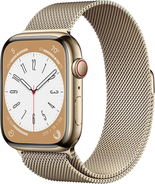 Apple New Apple Watch Series 8 (GPS + Cellular 45mm) Smart watch - Silver Stainless Steel Case with White Sport Band - Regular. Fitness Tracker, Blood Oxygen & ECG Apps, Water Resistant