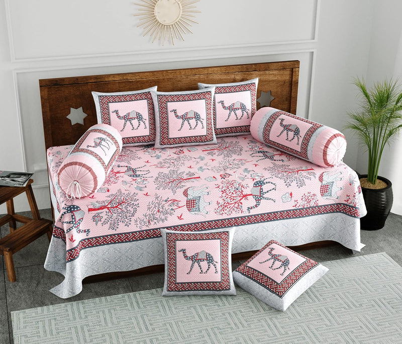 BLOCKS OF INDIA 200TC Diwan Set Cotton 8 Piece | Deewan Printed Bedsheet Sets for Living Room Hall (Set of 8 Piece, 1-Bed Sheet | 2-Bolster Cover | 5-Cushion Cover (Color 25)