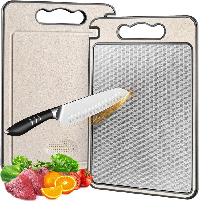 Stainless Steel Cutting Board for Kitchen ? Large 15×10 Inch, Double-Sided, Non-Slip, Scratch-Resistant Mesh Design with Juice Groove, Food-Grade Wheat Straw PP, Easy to Clean Chopping Board